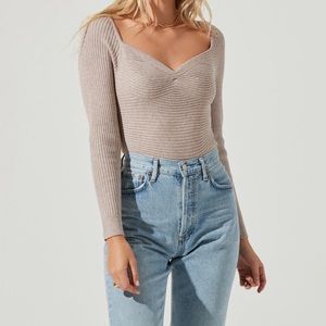 ASTR The Label Silverlake Ribbed Knit Long-sleeve Bodysuit in Taupe